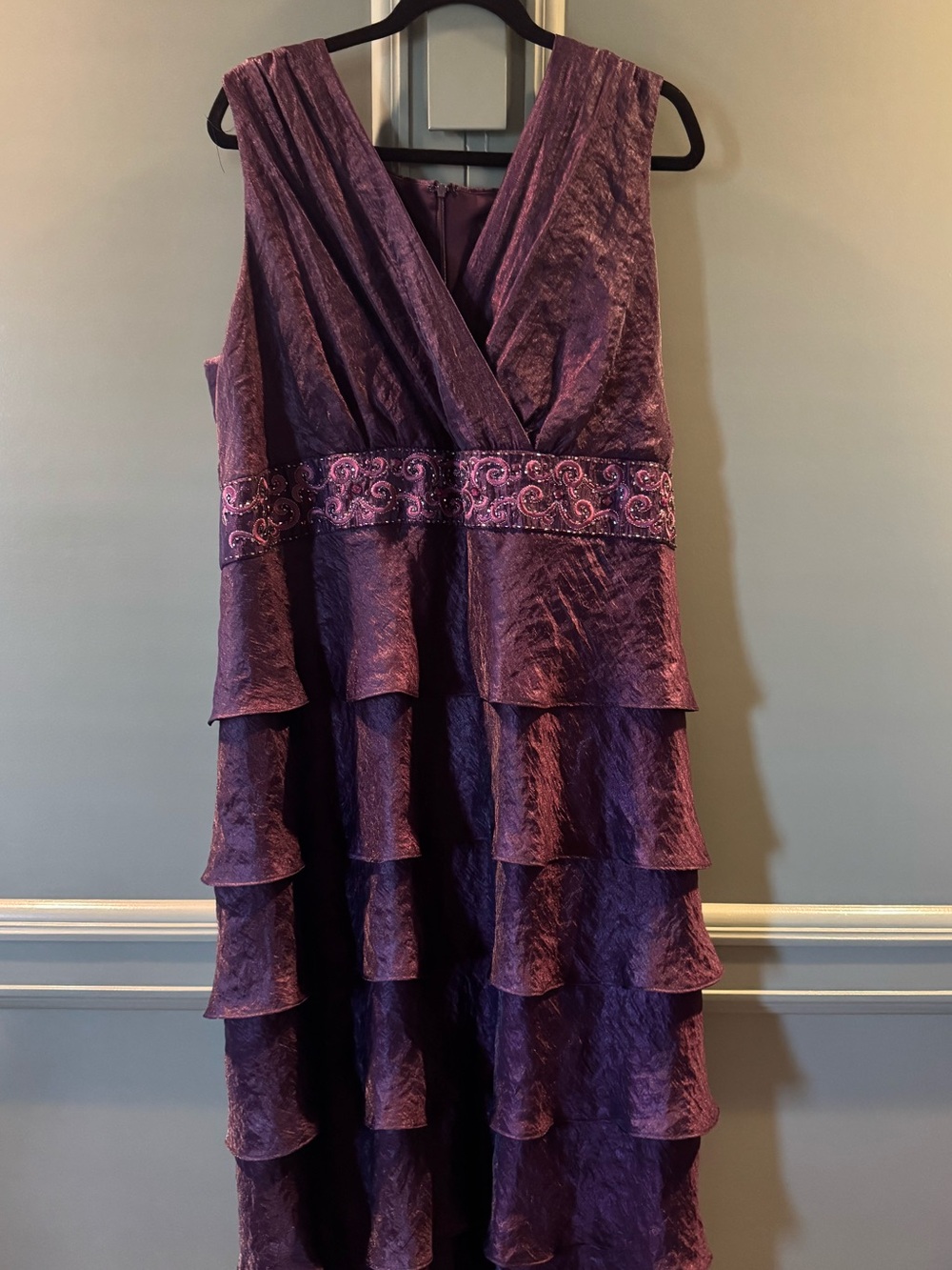 R&M Richards Purple Tiered V-Neck Evening Dress